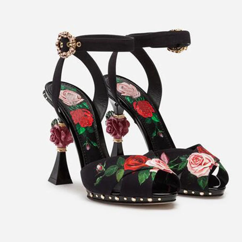 Floral sculpted heel sandals with peep toe and ankle strap