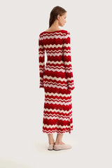 Back view of red chevron knit maxi dress