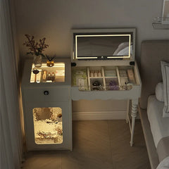 Vanity table with mirror and various items in a bedroom setting