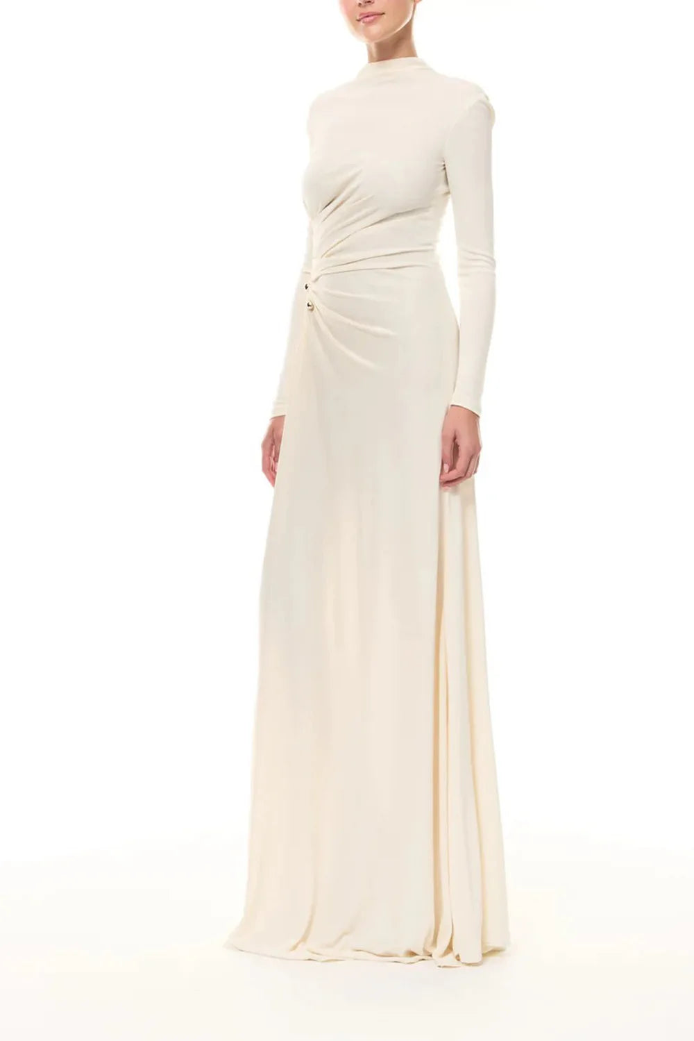 Long sleeve high split maxi dress with draped bodice, side view
