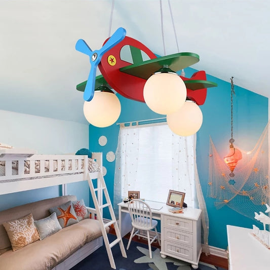 Wood Airplane Frosted Glass Chandelier For Children Kids