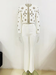 Pearls Diamonds Rhinestone Beaded Trim Jacket Flare Slit Pants Suit