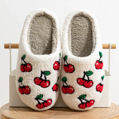 Plush white slippers with red cherry embroidery