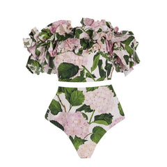 Hydrangea Print Ruffled Off the Shoulder Swimwear Set