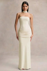 Strapless Choker Neck Gathered Waist Maxi Dress