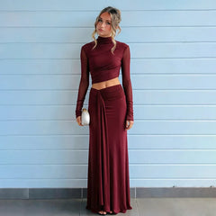 Mock Neck Mesh Crop Top Draped Maxi Skirt Set