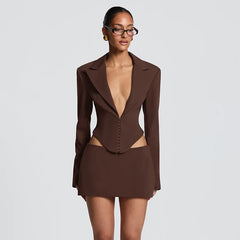 Corset Deep V-Neck Blazer and Mini Skirt Set