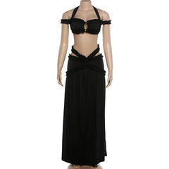 Halter Ruffle Crop Top and Cutout Maxi Skirt