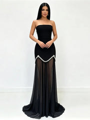 Black strapless top and maxi skirt two-piece set with diamond trim