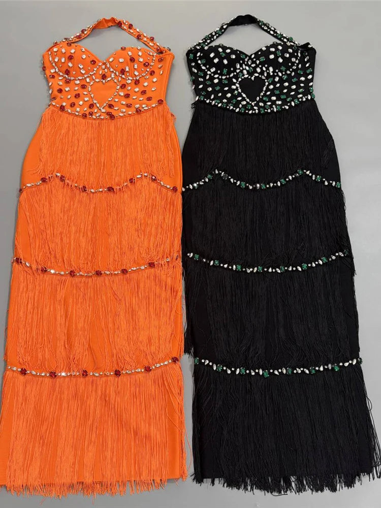 Black and orange beaded halter neck fringe dresses side by side