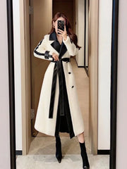 Contrast Color Patchwork Overcoat with Belt