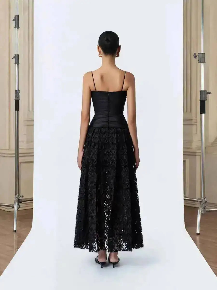 Black floral midi dress back view
