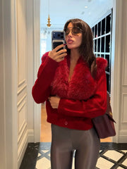 Red faux fur trimmed cardigan coat