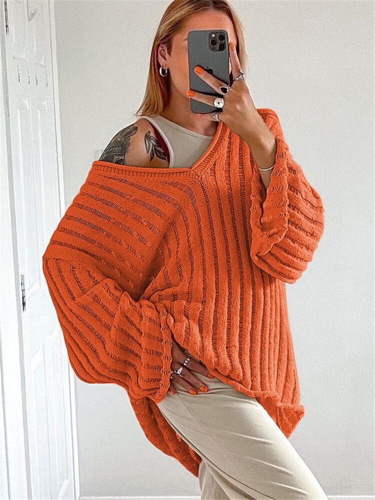 V-Neck Long Sleeve Hollow Out Striped Knit Pullover