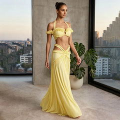 Halter Ruffle Crop Top and Cutout Maxi Skirt