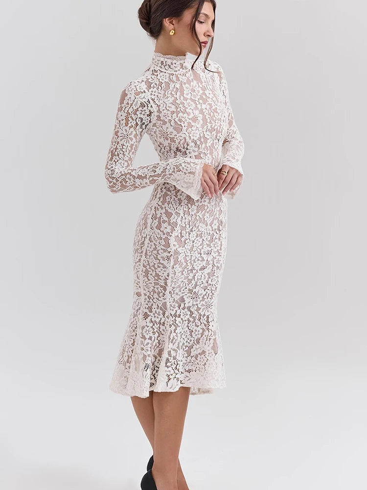 Lace Turtleneck Midi Dress