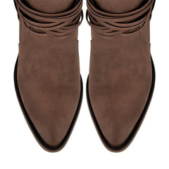 Top view of pointed toe faux suede boots