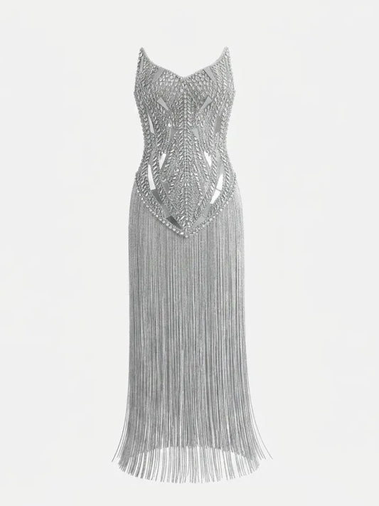 Full view of crystal beaded tassel dress