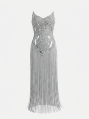 Full view of crystal beaded tassel dress