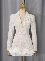 White Lace Ruffle Hem V-Neck Blazer Mini Dress