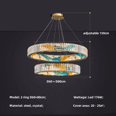 Chandelier with dimensions and specifications on a dark background