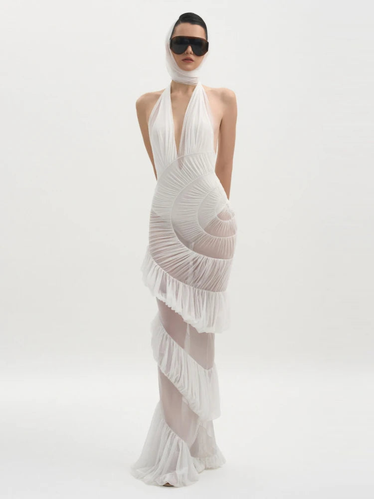 White halter neck dress with ruched detailing