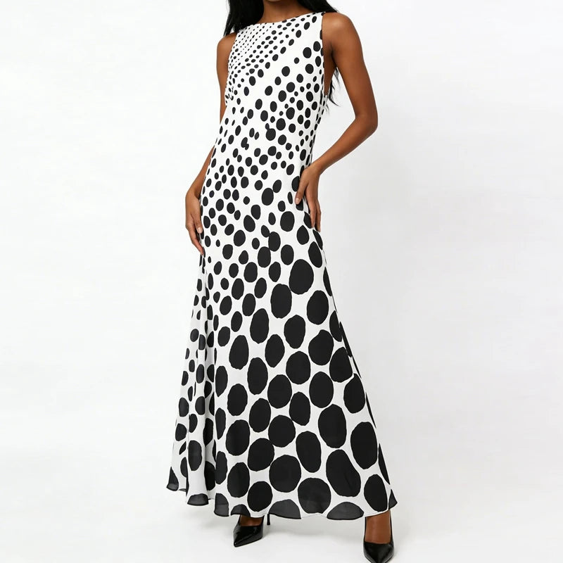 Dot print sleeveless maxi dress with boat neck and A-line skirt