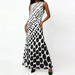 Dot print sleeveless maxi dress with boat neck and A-line skirt