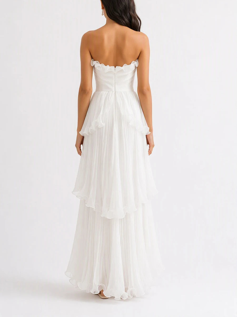 Strapless ruffled tiered maxi dress back view