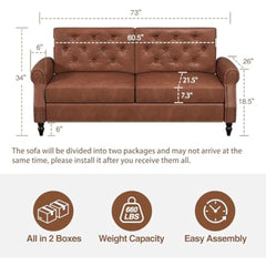 Brown sofa with dimensions and installation instructions on a white background