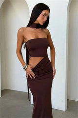 Strapless Draped Cutout Maxi Dress with Halter Neckline
