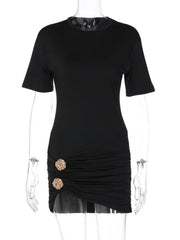 Black Short Sleeve Ruched With Gold Button Mini Dress
