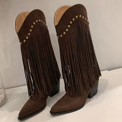 Metal Rivet Tassel Knee High Boots
