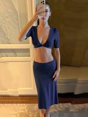 Blue Deep V-Neck Bralette Top and Midi Skirt Set