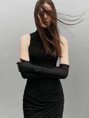 Black ruched mock neck mini dress with gloves