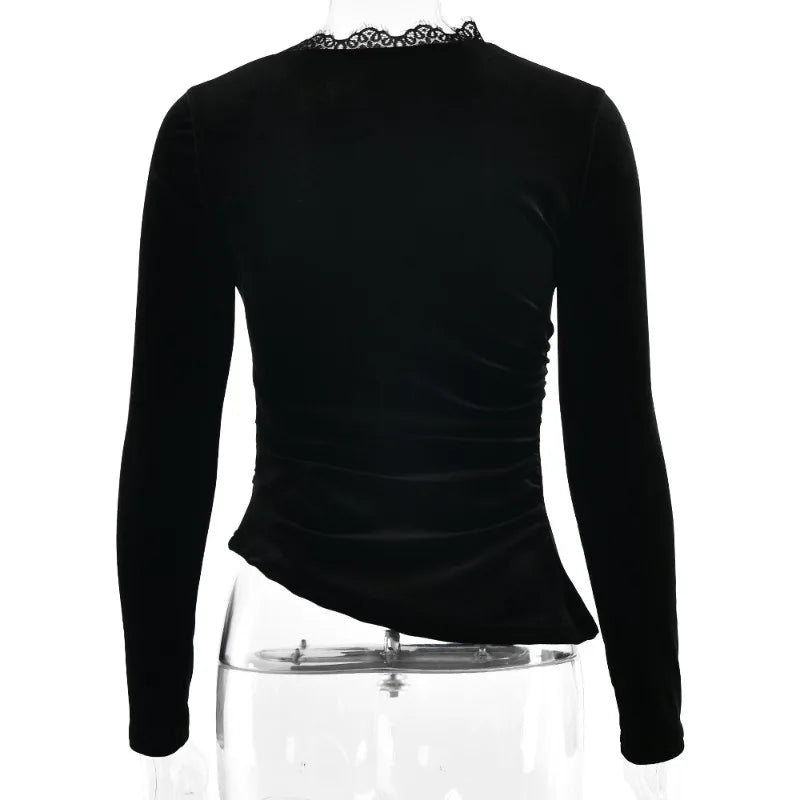 Black long-sleeve top with lace neckline on a white background