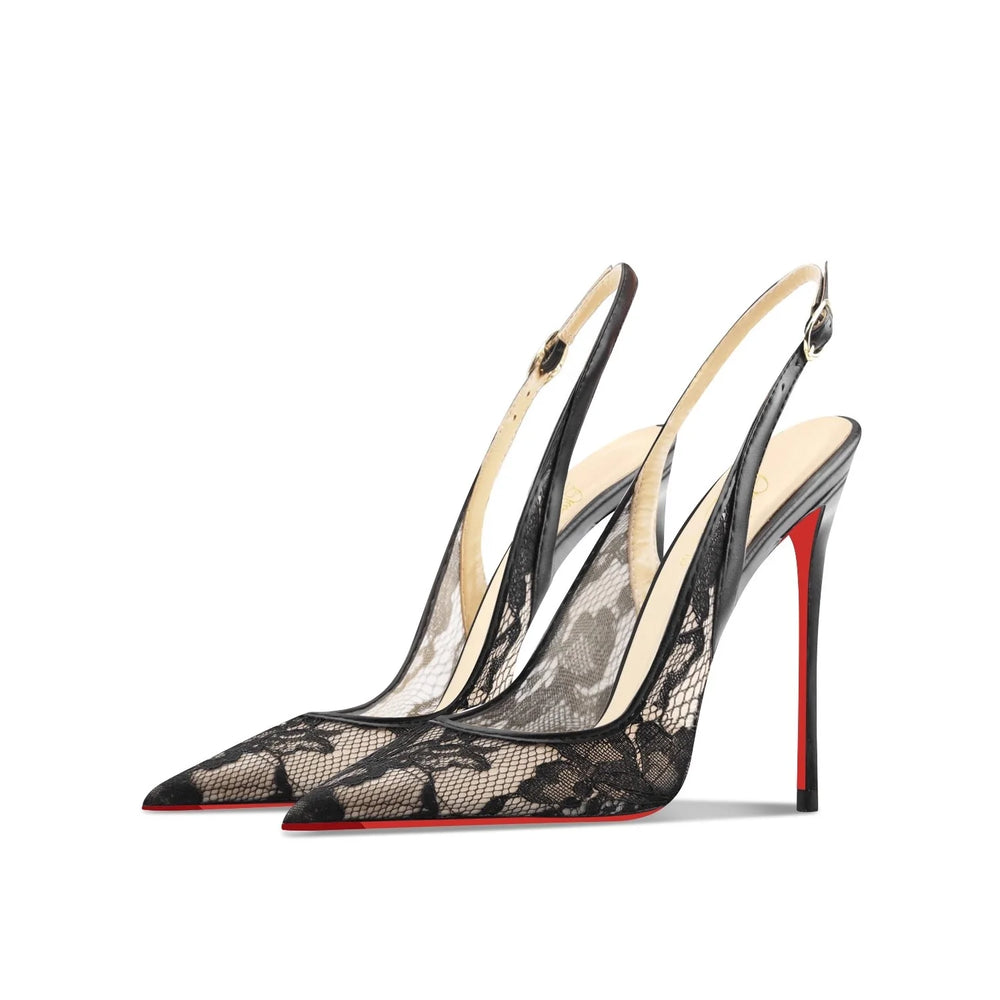 Black lace high-heeled shoes with red soles on a white background