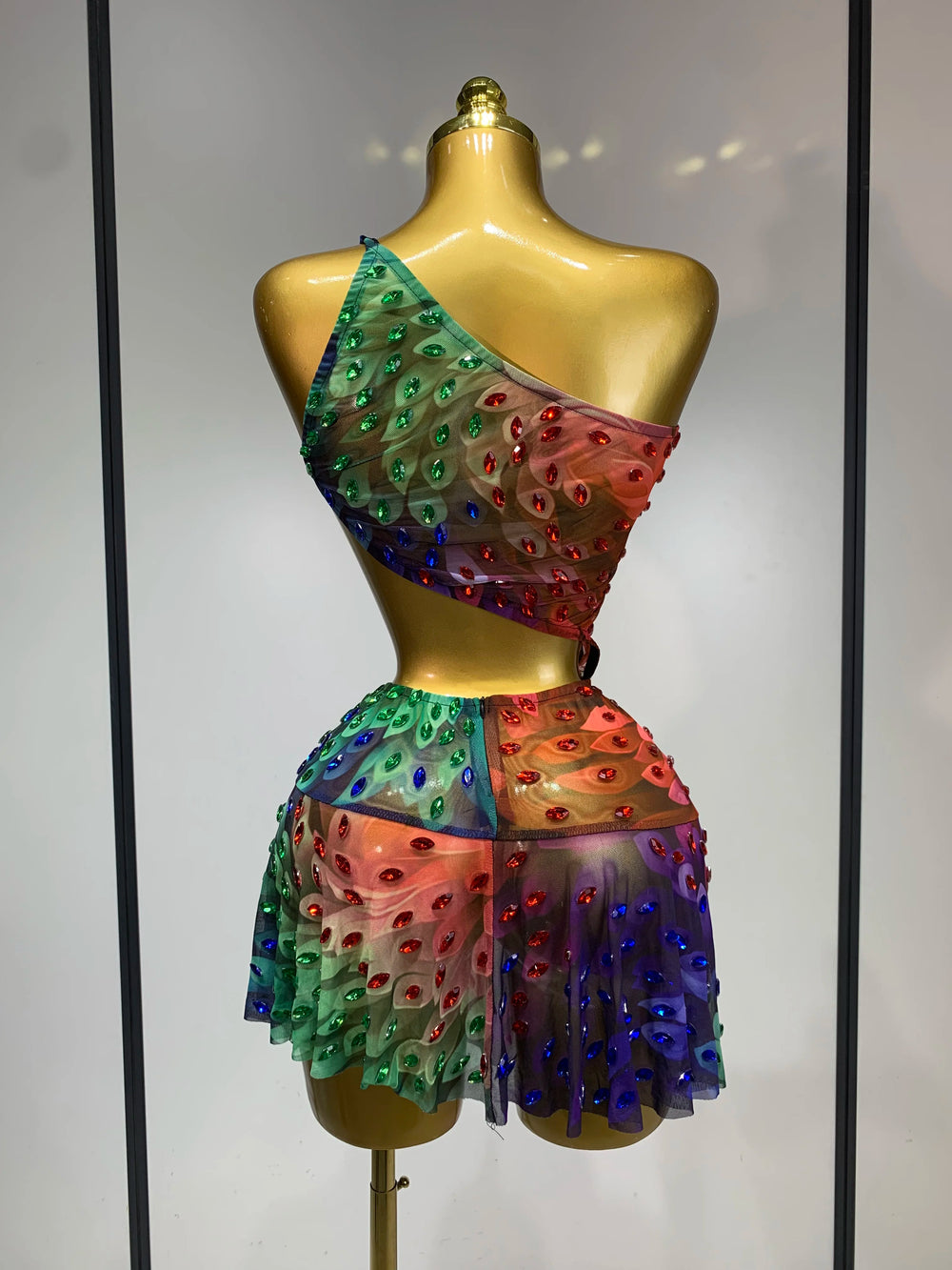 Sheer crystal one-shoulder mini dress back view