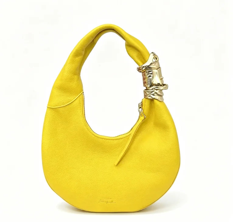 Yellow grained leather face hardware shoulder bag
