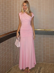 Asymmetrical Neckline Short Sleeve Ruched Maxi Dress