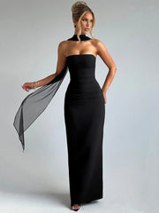 Scarf Collar Strapless Off-shoulder Long Dress 