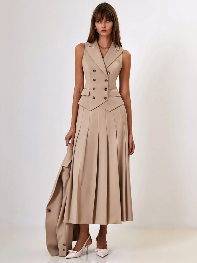 Notched Collar Pleated Skirt Suit Two Piece Sets