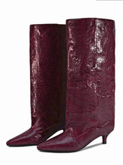 Burgundy wrinkled texture kitten heel knee high boots