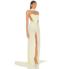 Ruched halter neck high slit maxi dress detail view