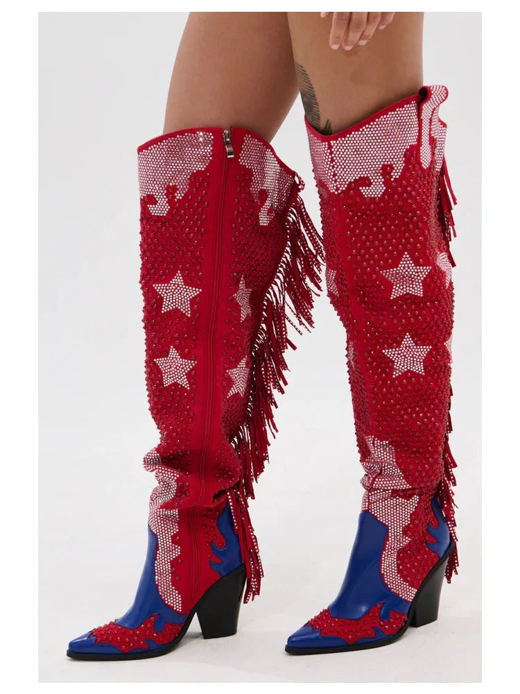 Red and blue cowboy boots with star patterns and fringes