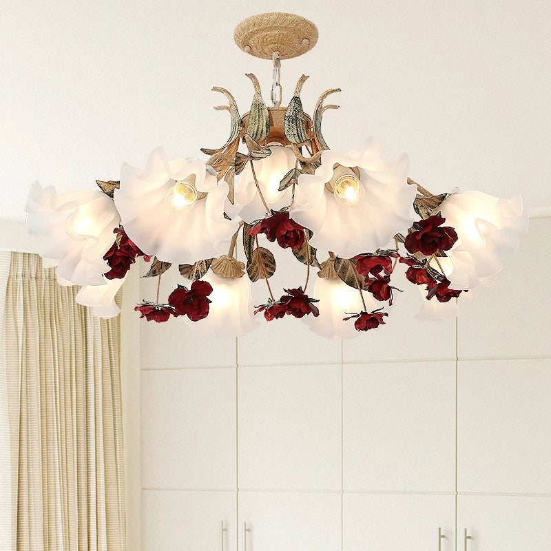 Decorative chandelier with floral elements in a room setting