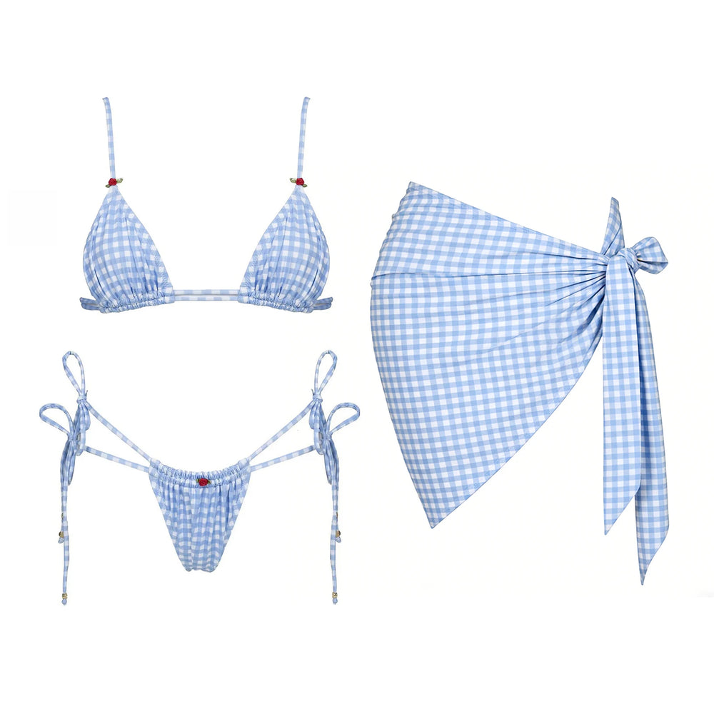 Gingham print bikini set with triangle top and tie-string bottoms paired with a matching sarong cover-up