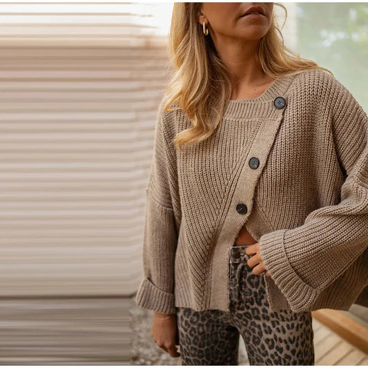 Asymmetric cross placket knit coat, crew neck