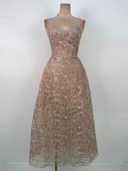 Beige Embroidered Lace Sleeveless Midi Dress