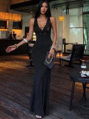 Black Lace V-Neck Sleeveless Maxi Dress